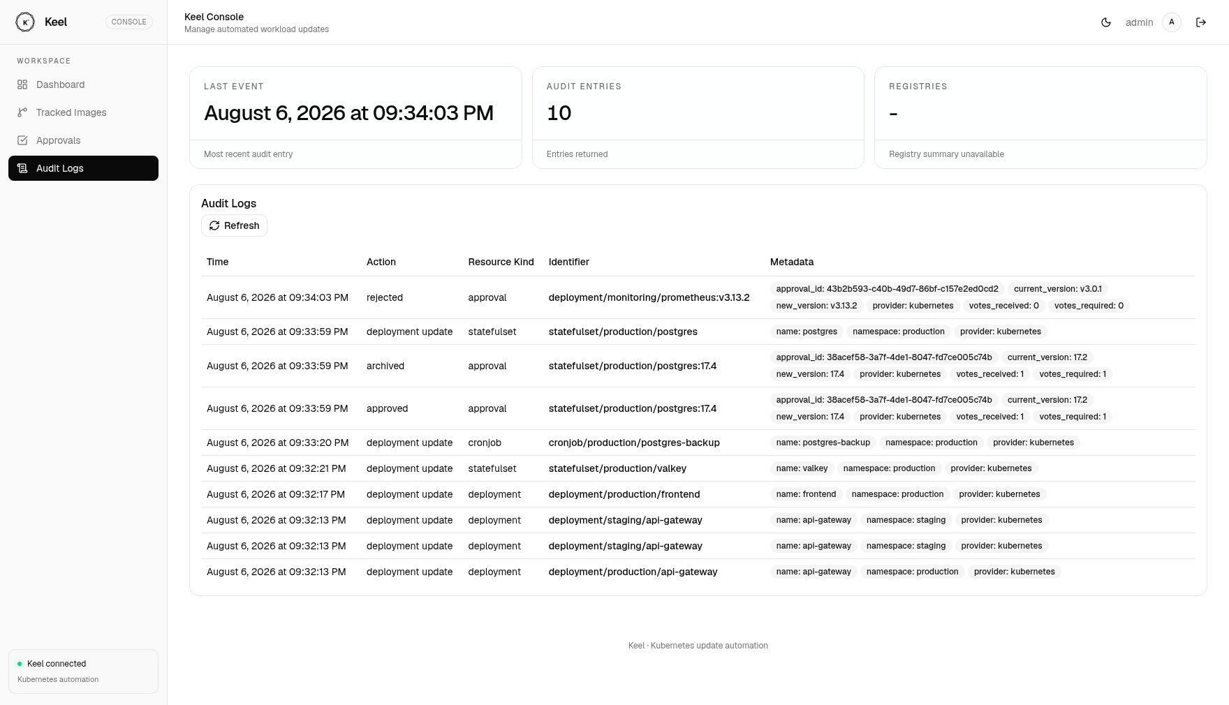 Keel audit logs